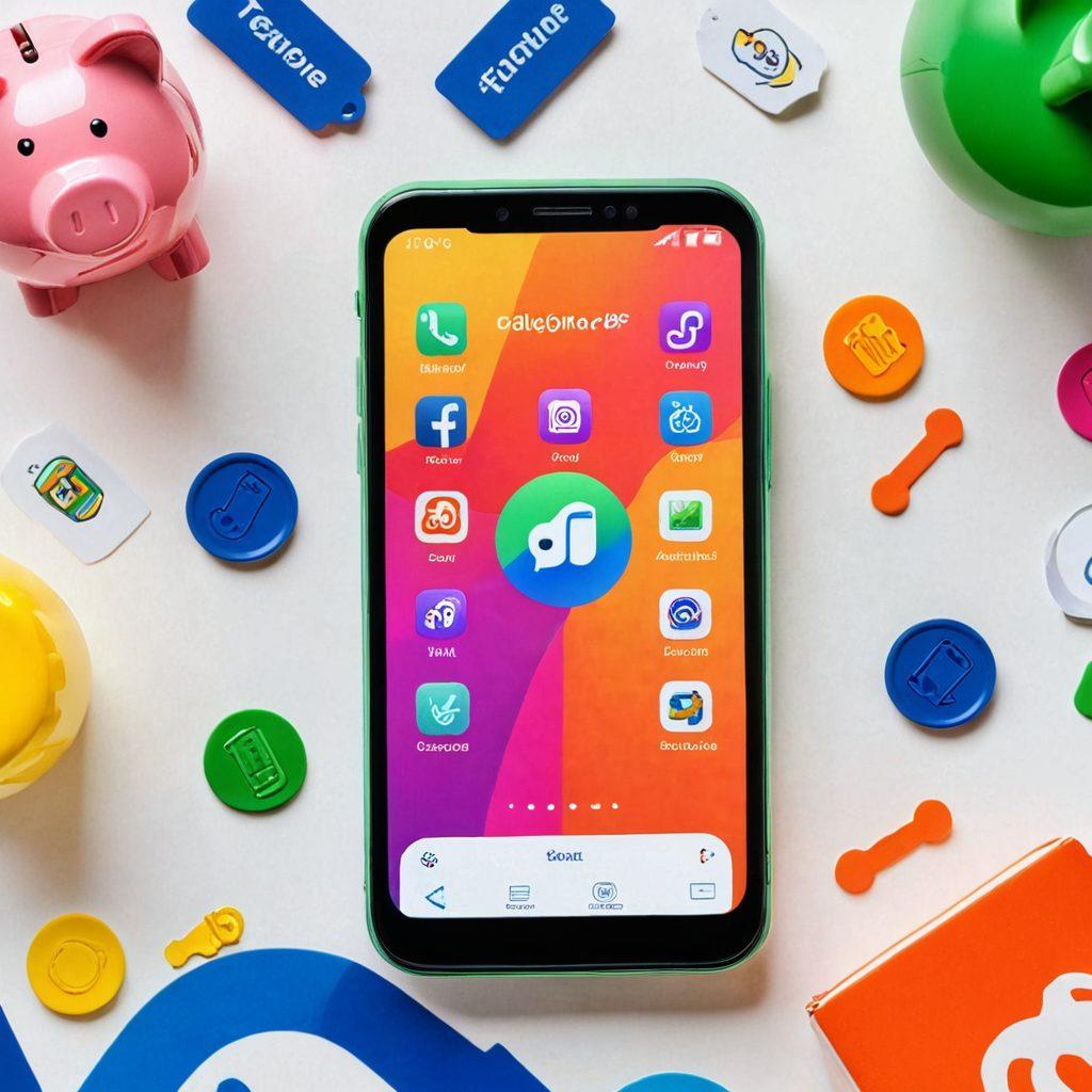 An inviting scene featuring a smartphone displaying a vibrant Tracfone logo, surrounded by various affordable mobile solutions like prepaid plans and features represented through colorful icons. Include a background that hints at savings, such as a piggy bank or discounted price tags, to emphasize affordability. The overall feel should be modern and tech-savvy, appealing to budget-conscious consumers. super-realistic. vibrant colors. white background.