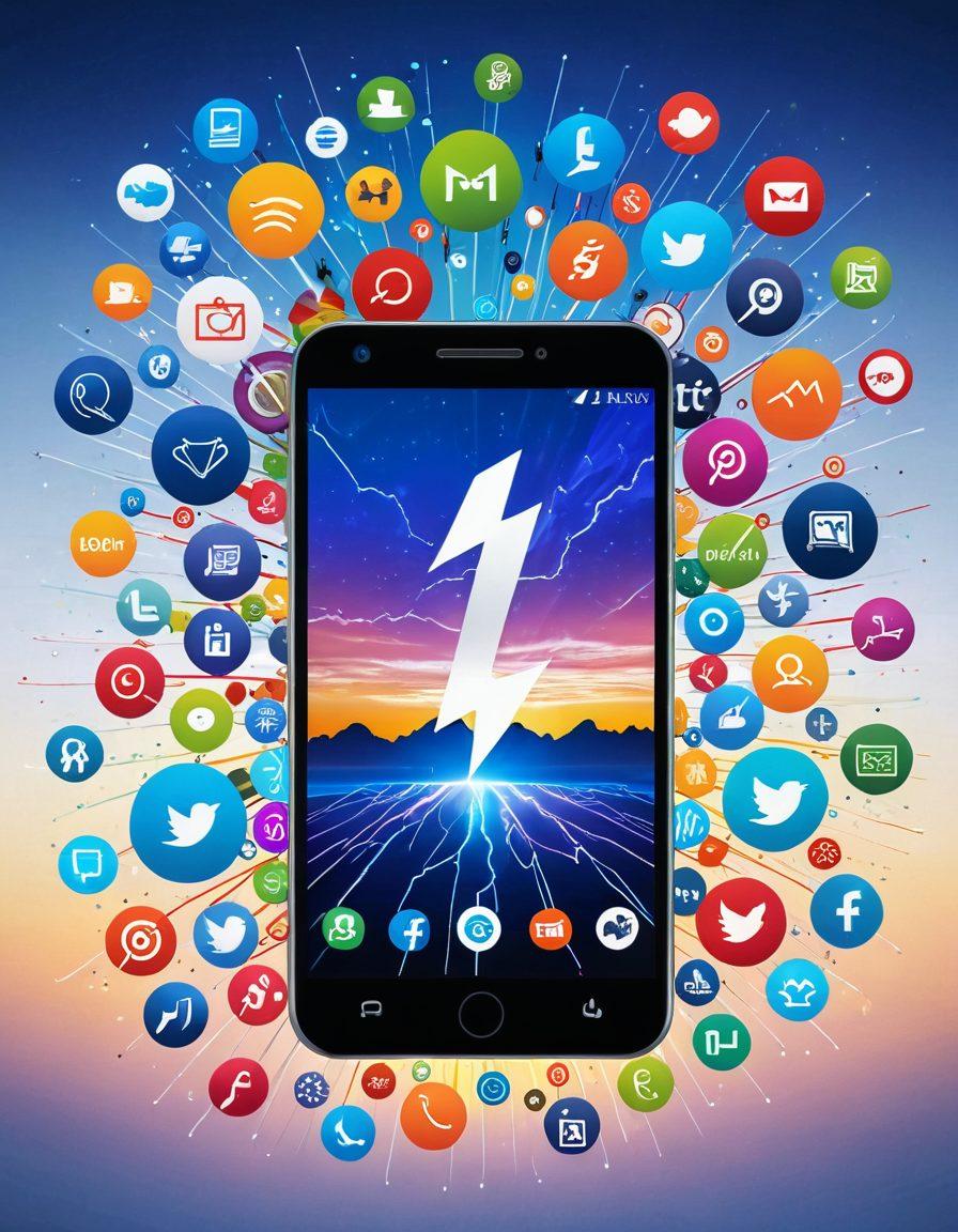 A vibrant collage showcasing Tracfone's diverse features, including a smartphone with a glowing screen displaying data plans, cellular signal icons, and social media logos. Surround the phone with imagery of happy families and individuals enjoying seamless communication, with a backdrop of diverse landscapes representing the coverage. Infuse the scene with dynamic elements like lightning bolts for speed and colorful badges for savings. The overall tone should be modern and engaging. super-realistic. vibrant colors. white background.